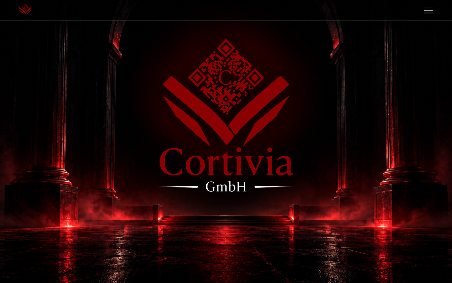 Cortivia GmbH – großes schwebendes Original-Logo zwischen den vier Säulen der Kathedrale