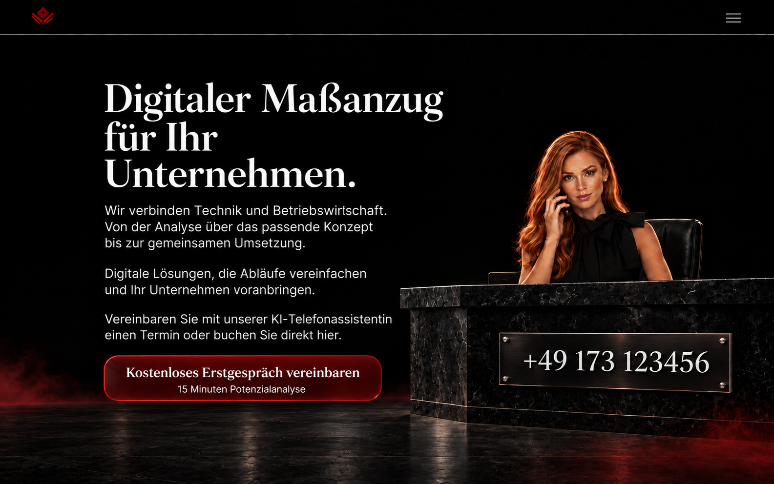 Donna hinter dem originalen Steinschreibtisch aus der Empfangsvorlage. Die abgebildete Nummer ist ein nicht aktiver Entwurfsplatzhalter.